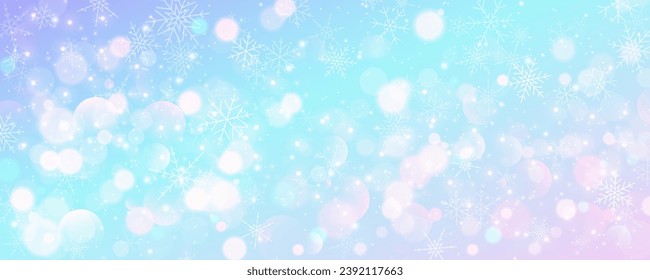 Kaltblauer pastellblauer Winterhimmel. Weihnachten, schneebedeckter Hintergrund. Vektoreisblizzard auf Farbverlauf-Textur mit Bokeh und Flocken. Festliches neues Jahr Thema für Saisonverkauf Tapete