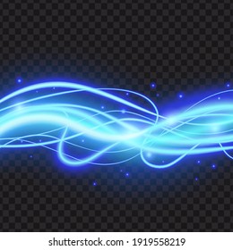 Cold Blue Plazma Glow Lines Light Effect Decor Vector Illustration. Luxury Glowing Energy Banner Design With Swirl Abstract Bright Shine Waves Decoration, Neon Sparkle Shimmer On Black Background