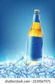 Cold Bottle Lager Beer In Ice Cubes On Blue Background. Realistic Vector, Blank Template For Design. 