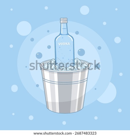 A cold bottle of vodka in an ice bucket with bubbles on a sky blue background. Perfect for celebrating National Vodka Day on October 4th.