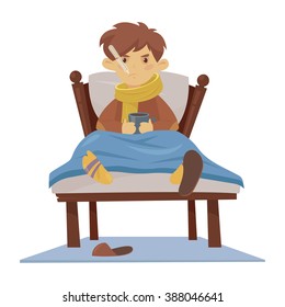 A cold boy with a thermometer in his mouth . Vector cartoon illustration