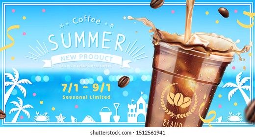 Cold brew coffee ads with glimmering bokeh summer ocean background in 3d illustration