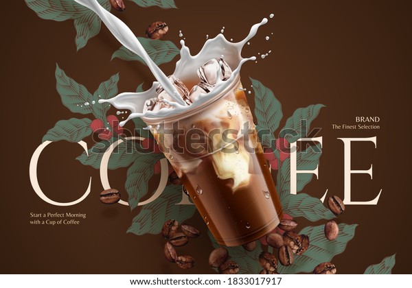 Cold brew coffee ads with retro style\
engraving over brown background in 3d\
illustration