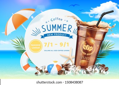 Cold brew coffee ads with summer beach decorations in 3d illustration