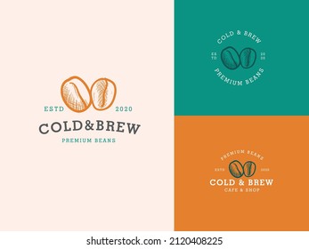 Cold and brew Coffee Bean Hand Draw Logo Template with Premium Vintage Typography. Stylish Vintage Vector Emblem Concept.