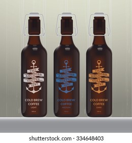 Cold brew coffee bottle set on wood background