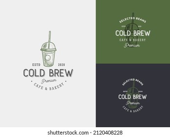 Cold and brew Coffee Cup Hand Draw Logo Vorlage mit Premium Vintage Typografie. Stilvolles Vintage Vectoremblem Konzept.