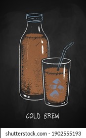 Cold Brew coffee cup isolated on black chalkboard background. Vector chalk drawn sideview grunge illustration.