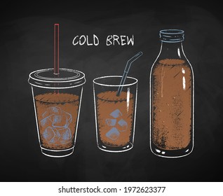 Cold Brew Coffee Cups Isolated On Black Chalkboard Background. Vector Chalk Drawn Sideview Grunge Illustration.