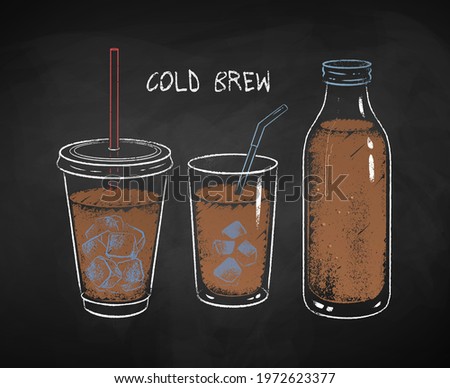 Cold Brew coffee cups isolated on black chalkboard background. Vector chalk drawn sideview grunge illustration.