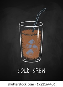 Cold Brew coffee glass isolated on black chalkboard background. Vector chalk drawn sideview grunge illustration.