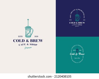 Cold  Brew Coffee Hand Draw Logo Template with Premium Vintage Typography. Stylish Vintage Vector Emblem Concept.