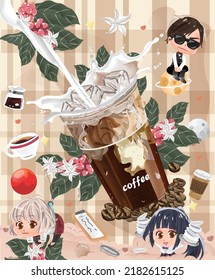 Cold brew coffee illustration,  retro style engraving over brown background in watercolor illustration