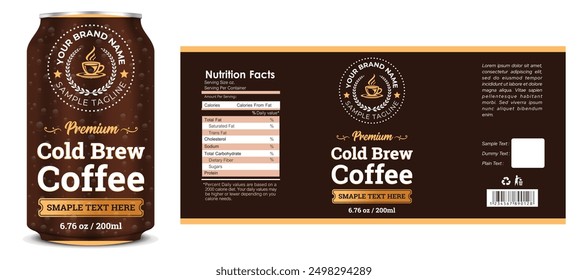 Cold brew Coffee Label Design, Coffee can drink label packaging design with die line illustration layout, Minimalist Cold Brew Coffee label print ready editable template download