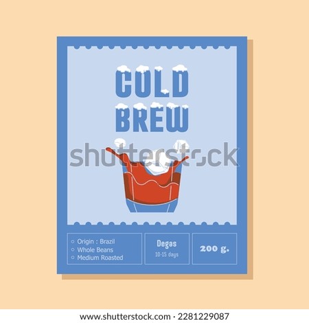 cold brew coffee label with ice cube and splashing coffee drink in a glass