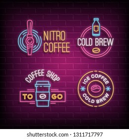 Cold brew coffee and nitro coffee neon logos. Vector glowing badges on brick wall background svg