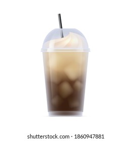 Frío preparar café taza transparente de plástico. Bebida fría de aroma con crema batida en taza transparente con ilustración vectorial realista de paja aislada en fondo blanco