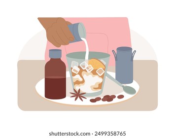 Ilustraciones vectoriales de dibujos animados aislados de cerveza fría. Barista haciendo café frío en primer plano, comiendo fuera en el restaurante, deliciosa preparación de café con leche helado en la caricatura del Vector de la cafetería.