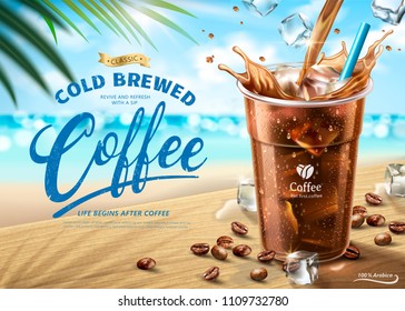 Cold brewed coffee ads on hot summer beach scene in 3d illustration
