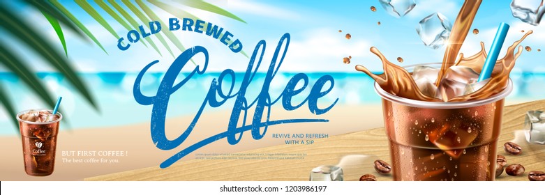 Cold brewed coffee banner ads in 3d illustration, summer beach bokeh background