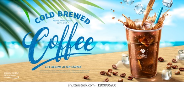 Cold brewed coffee banner ads in 3d illustration, summer beach bokeh background