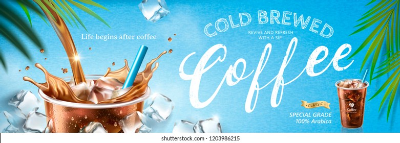 Cold brewed coffee banner ads in 3d illustration, blue bokeh background