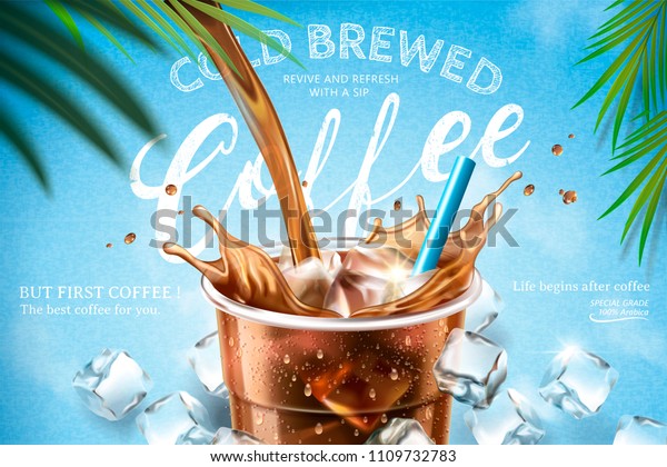 Cold\
brewed coffee pouring down from top into takeaway cup with ice\
cubes on light blue background in 3d\
illustration