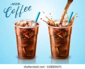 Cold brewed coffee takeaway cup with liquid pouring down into container in 3d illustration, blue background