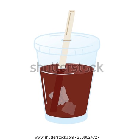 Cold brewed coffee takeaway cup with liquid pouring down into container in cartoon illustration, white background