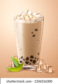 Cold bubble tea with ice cubes and green leaves in glass cup, 3d illustration