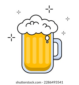 Cold bubbly refreshing beer mug icon, alcoholic drink, summer beverage, frothy fresh drinking for bar, beach or restaurant. Vector with editable colors and stroke.