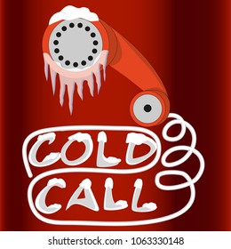 Cold call marketing strategy for lead generation business. Red vintage phone handset is covered with ice and snow on red gradient background. Letter typography is white. Art placard of inbound process