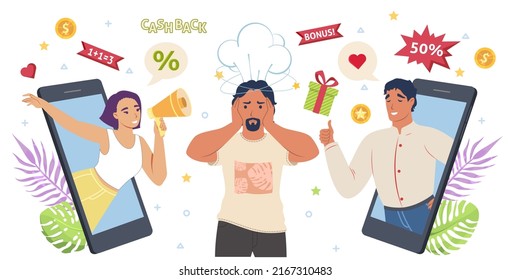 Cold Calling By Telephone For Potential Male Customer Vector Illustration. Spam Call, Advertisement And Marketing Promotion. Sales People Contacting Annoyed Client Offering Useless Product Or Service