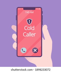 Cold calling on telephone screen for potential customer. Hand holding phone, screen with spam and telemarketing incoming call, advertising product and service. Vector creative stylized illustration