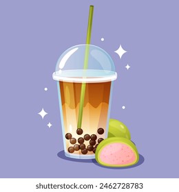 Cold cappucino bubble coffee in takeaway plastic cup with yummy mochi dessert.
