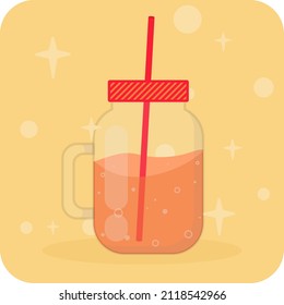 Cold carbonated drink juice soda cocktail. Glass cup with screw-on lid and straw. Bubbles of orange soda. Summer refreshing cocktail.