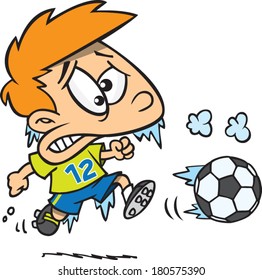 cold cartoon boy playing soccer