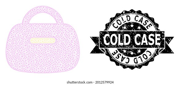 Cold Case textured stamp and vector handbag mesh structure. Black stamp seal includes Cold Case text inside ribbon and rosette. Abstract 2d mesh handbag, created from flat mesh.