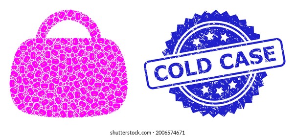 Cold Case unclean seal imitation and vector fractal mosaic handbag. Blue seal has Cold Case caption inside rosette. Vector mosaic is composed from repeating rotated handbag pictograms.