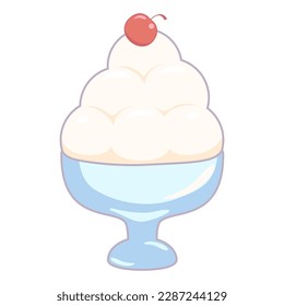 Cold cherry cream ice cream in a glass bowl, cup retro cartoon stylization, anime image, element for background, wallpaper, textile, wrapping paper, greeting cards