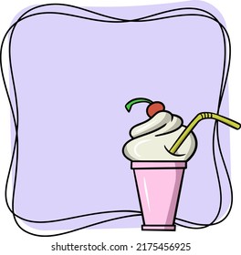 Cold cherry ice cream, delicious milkshake with a drinking tube, banner copy space, vector illustration in cartoon style