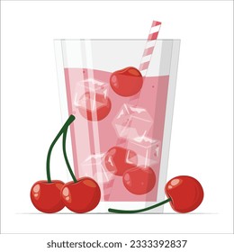 Cold cherry juice in a glass with a straw and jug with fresh berries. Refreshment summer drink. Healthy drink. Summer cocktail in a clear glass with cherries. Cold Refreshing Cherry in a Glass. 2047