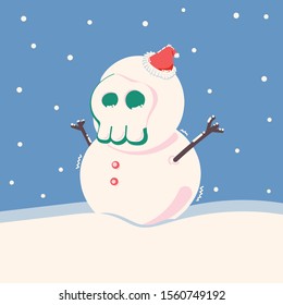 cold chilly skeleton skull snowman wear red santa hat among snowing at snow field in Festival Christmas day holiday.