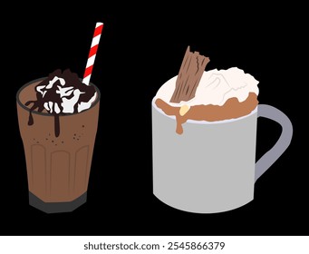 cold chocolate with chocolate milk spread and hot chocolate with white milk and cinnamon, happy and relax. black background