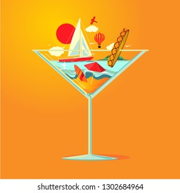 Cold cocktail and beach resort landscape. Double exposure illustration. Summer party, lounge bar concept.