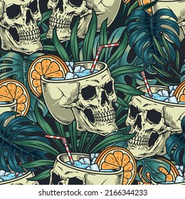 Cold cocktail colorful pattern seamless vintage drink with ice in human skull among leaves of plants horror style vector illustration