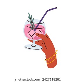 Cold cocktail in hand. Holding iced summer drink in wineglass, glass with straw. Cool refreshing beverage, lemonade with rosemary in goblet. Flat vector illustration isolated on white background