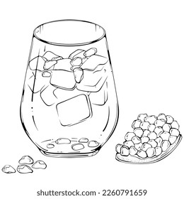 Cold cocktail with pomegranate and ice. Vector illustration in hand drawn sketch doodle style. Line art fresh exotic drink in a glass isolated on white. Element for coloring book, design, print.