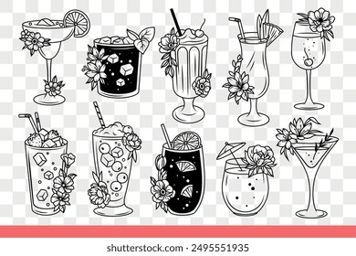 Cold cocktails with ice in different glasses from nightclub or beach bar for tourists. Glasses with delicious cocktail are decorated with ice and slices of fruit or mint leaves. Hand drawn doodle
