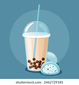 Cold coconut milk bubble coffee in takeaway plastic cup with yummy mint mochi dessert.	